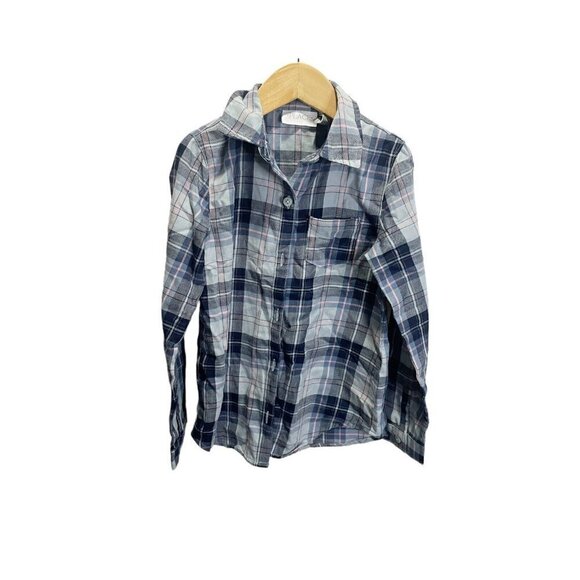 The Childrens Place Girls S 5/6 Button Up Plaid Shirt Pink Blue Long Sleeve - Picture 1 of 4